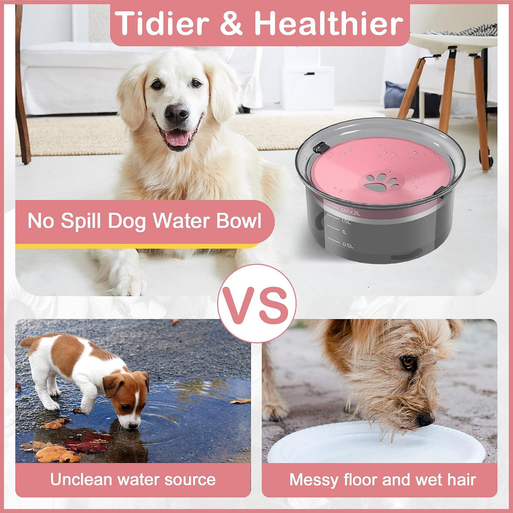 Large Capacity 2L Dog Water Bowl - Slow Feeder, Splash Proof Pet Water Dispenser for Travel, Suitable for Dogs and Cats (Pink)