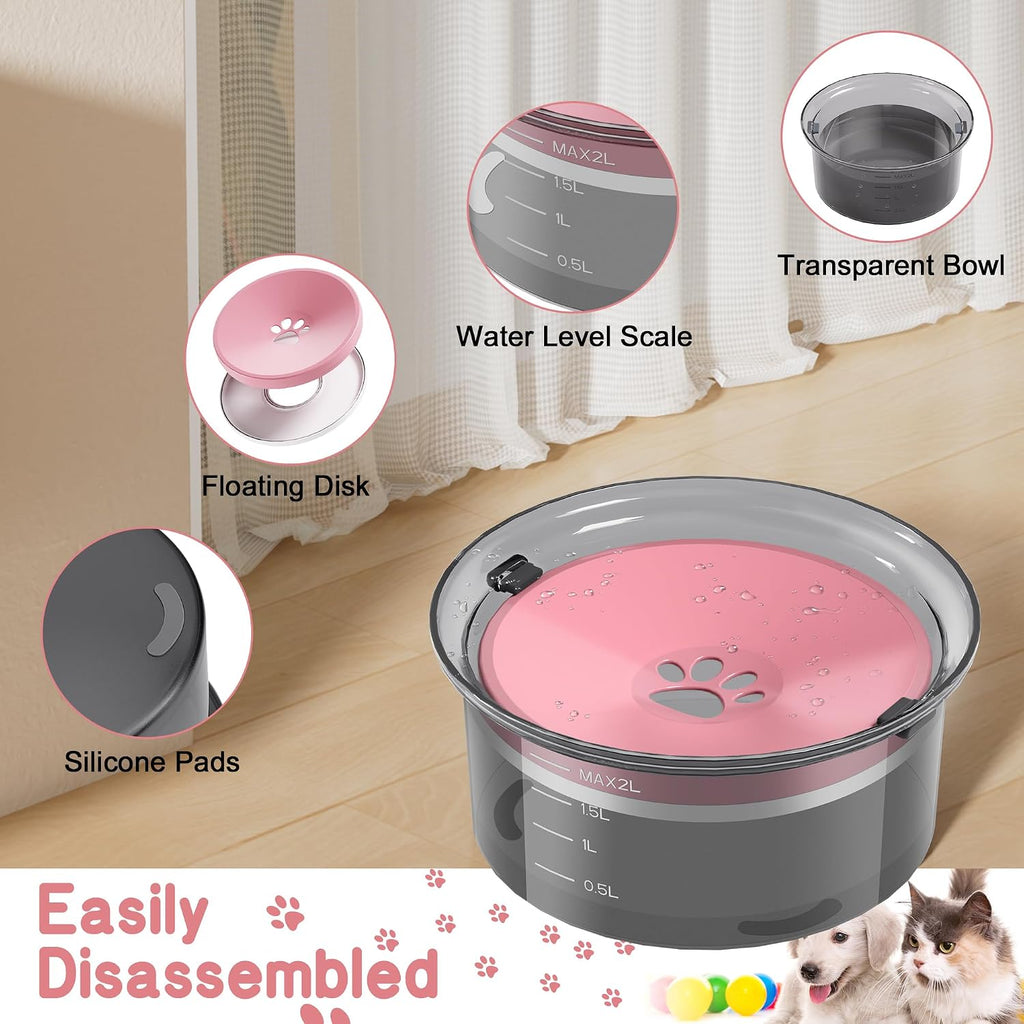 Large Capacity 2L Dog Water Bowl - Slow Feeder, Splash Proof Pet Water Dispenser for Travel, Suitable for Dogs and Cats (Pink)
