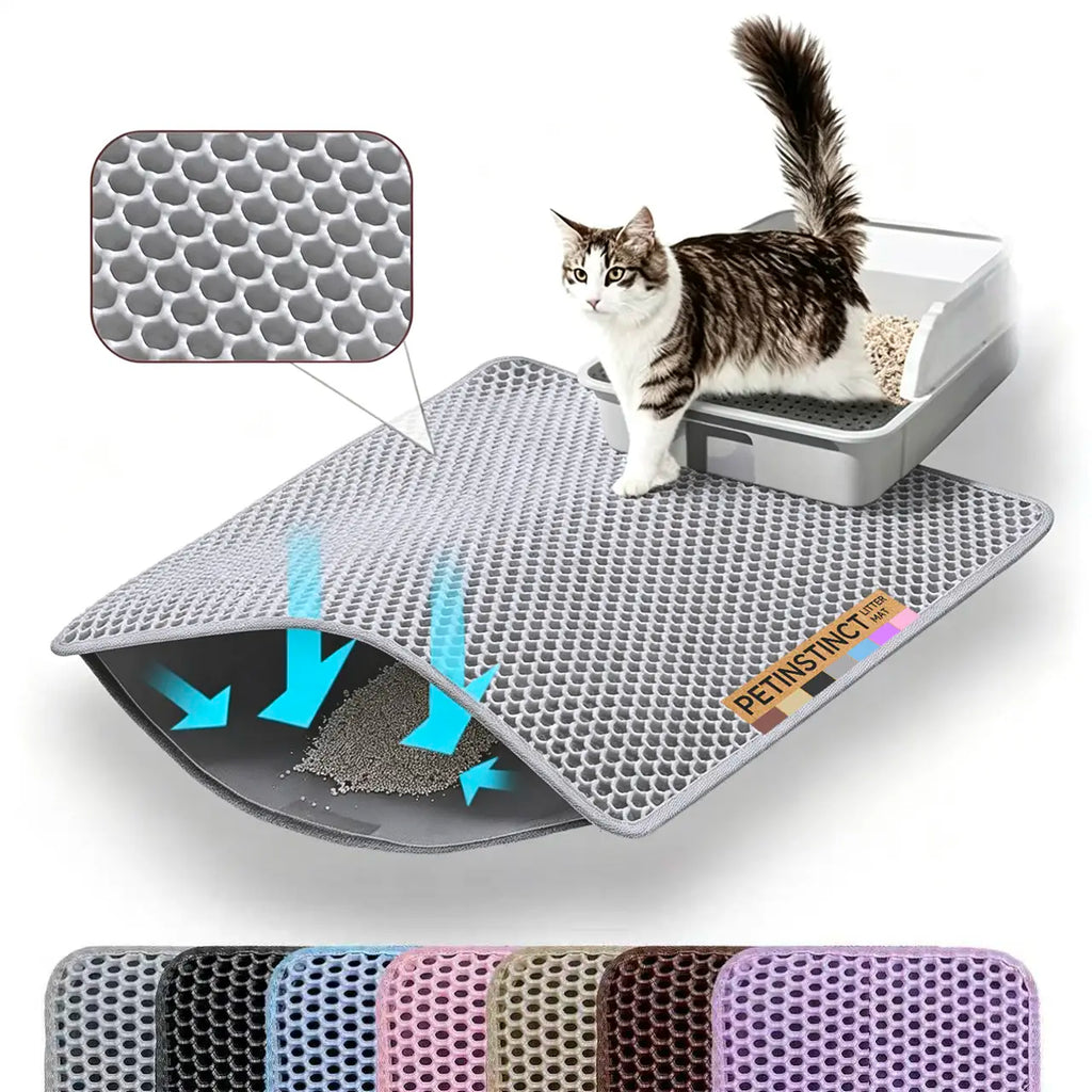 Petinstinct Cat Litter Mat, Double Layer Honeycomb Cat Litter Trapping Mat, Non Slip Waterproof Urine Proof Litter Box Mat, Scratch Resistant Durable Litter Rug