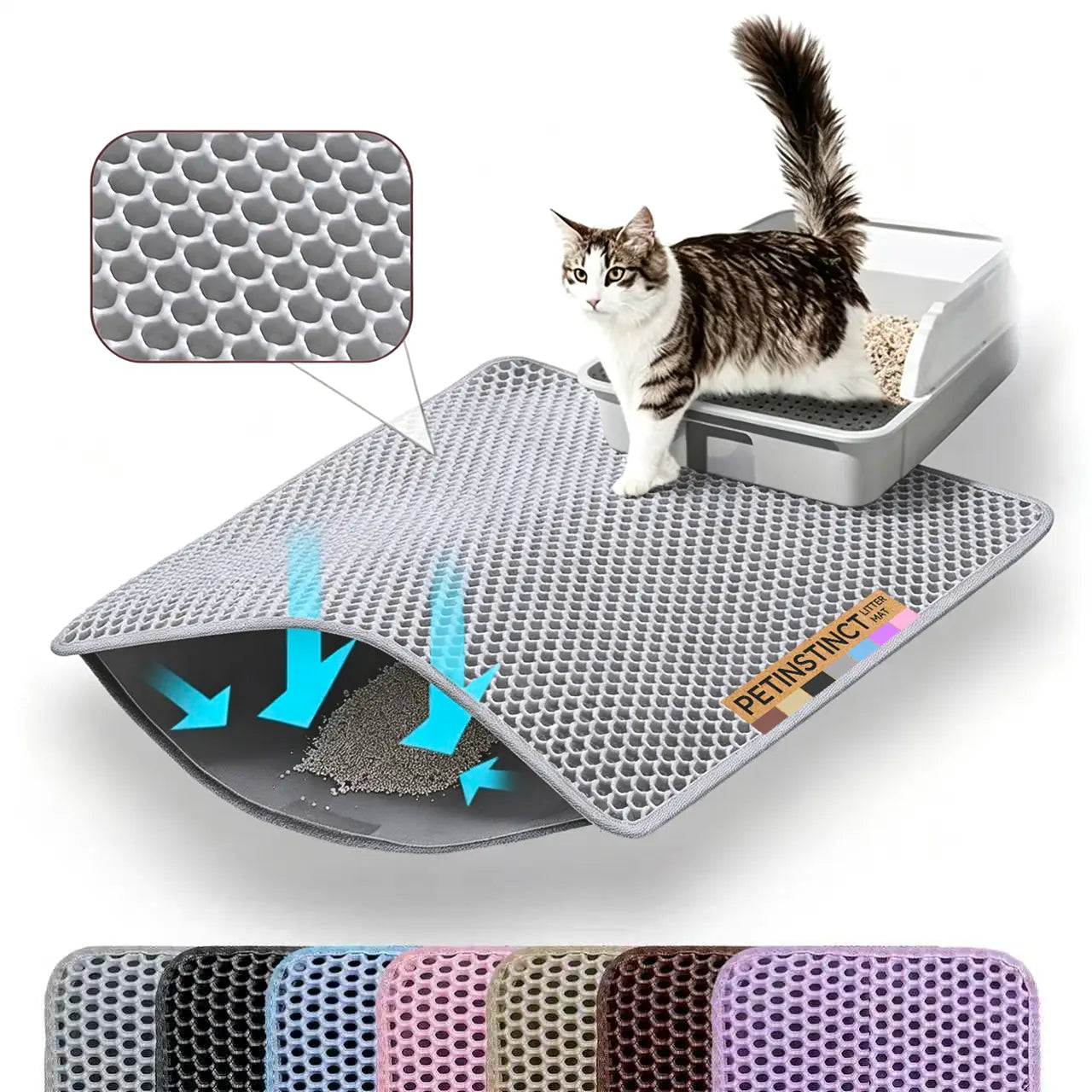 Petinstinct Cat Litter Mat, Double Layer Honeycomb Cat Litter Trapping Mat, Non Slip Waterproof Urine Proof Litter Box Mat, Scratch Resistant Durable Litter Rug