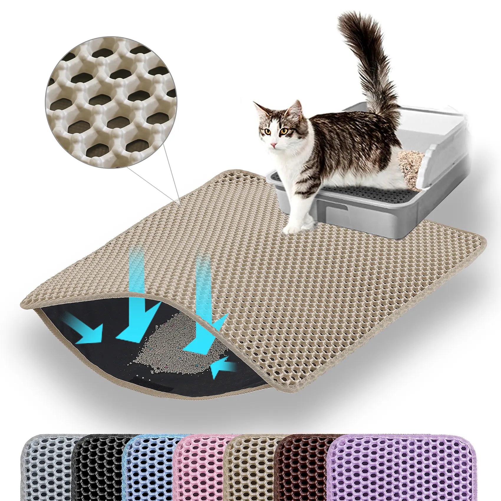 Petinstinct Cat Litter Mat, Double Layer Honeycomb Cat Litter Trapping Mat, Non Slip Waterproof Urine Proof Litter Box Mat, Scratch Resistant Durable Litter Rug