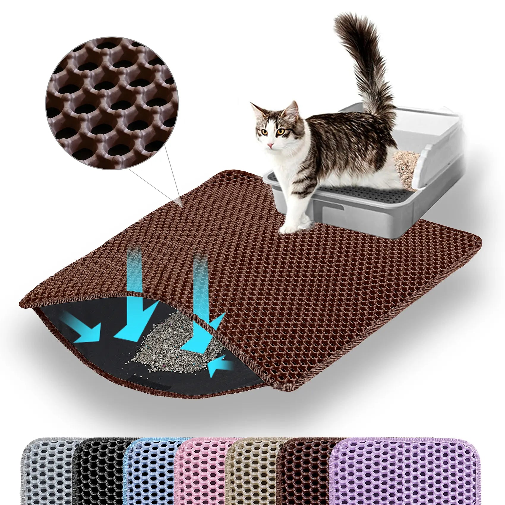 Petinstinct Cat Litter Mat, Double Layer Honeycomb Cat Litter Trapping Mat, Non Slip Waterproof Urine Proof Litter Box Mat, Scratch Resistant Durable Litter Rug