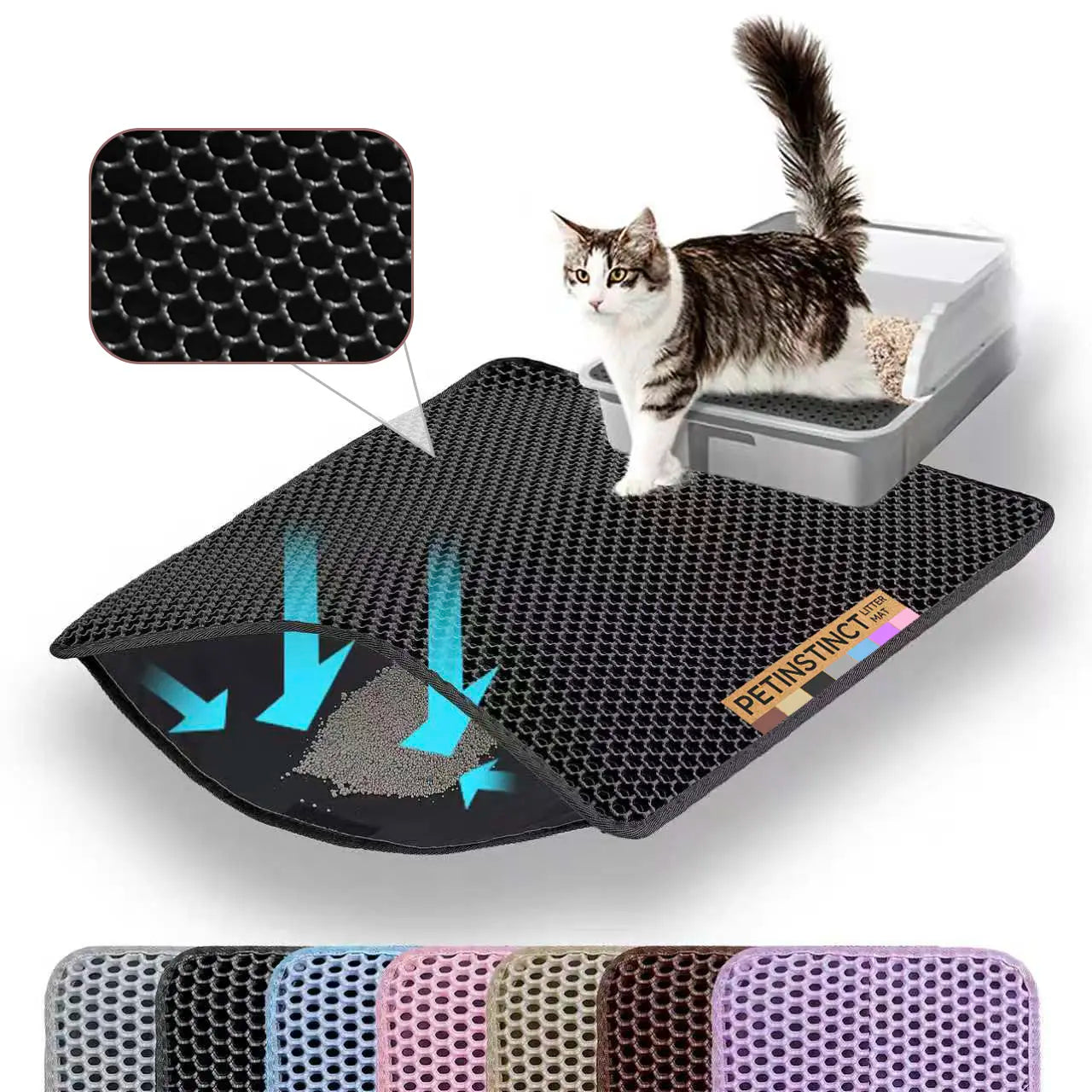 Petinstinct Cat Litter Mat, Double Layer Honeycomb Cat Litter Trapping Mat, Non Slip Waterproof Urine Proof Litter Box Mat, Scratch Resistant Durable Litter Rug
