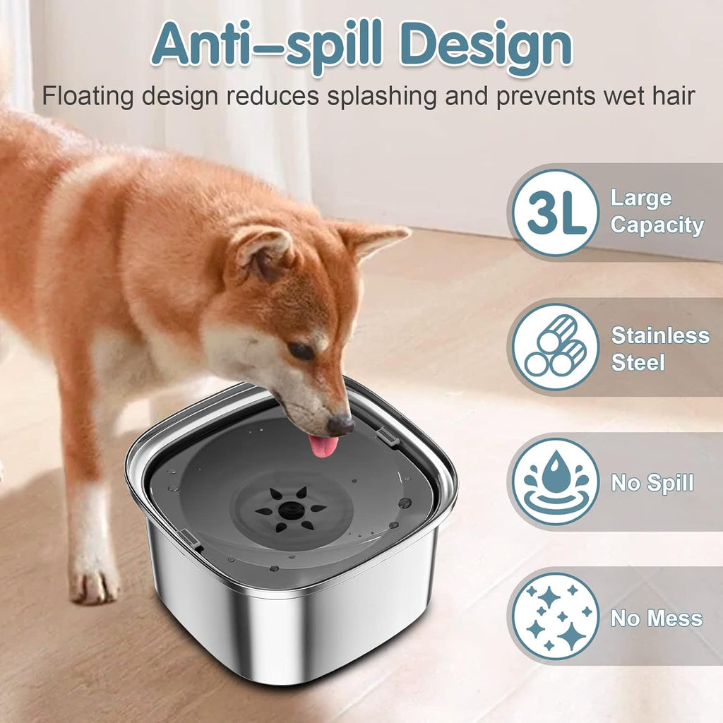 3L Stainless Steel Dog Water Bowl - 101Oz Spill-Proof Large Capacity Slow Feeder for Travel and Vehicle Use