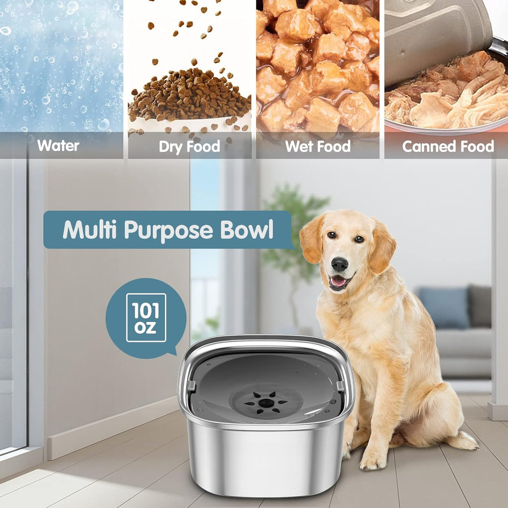 3L Stainless Steel Dog Water Bowl - 101Oz Spill-Proof Large Capacity Slow Feeder for Travel and Vehicle Use