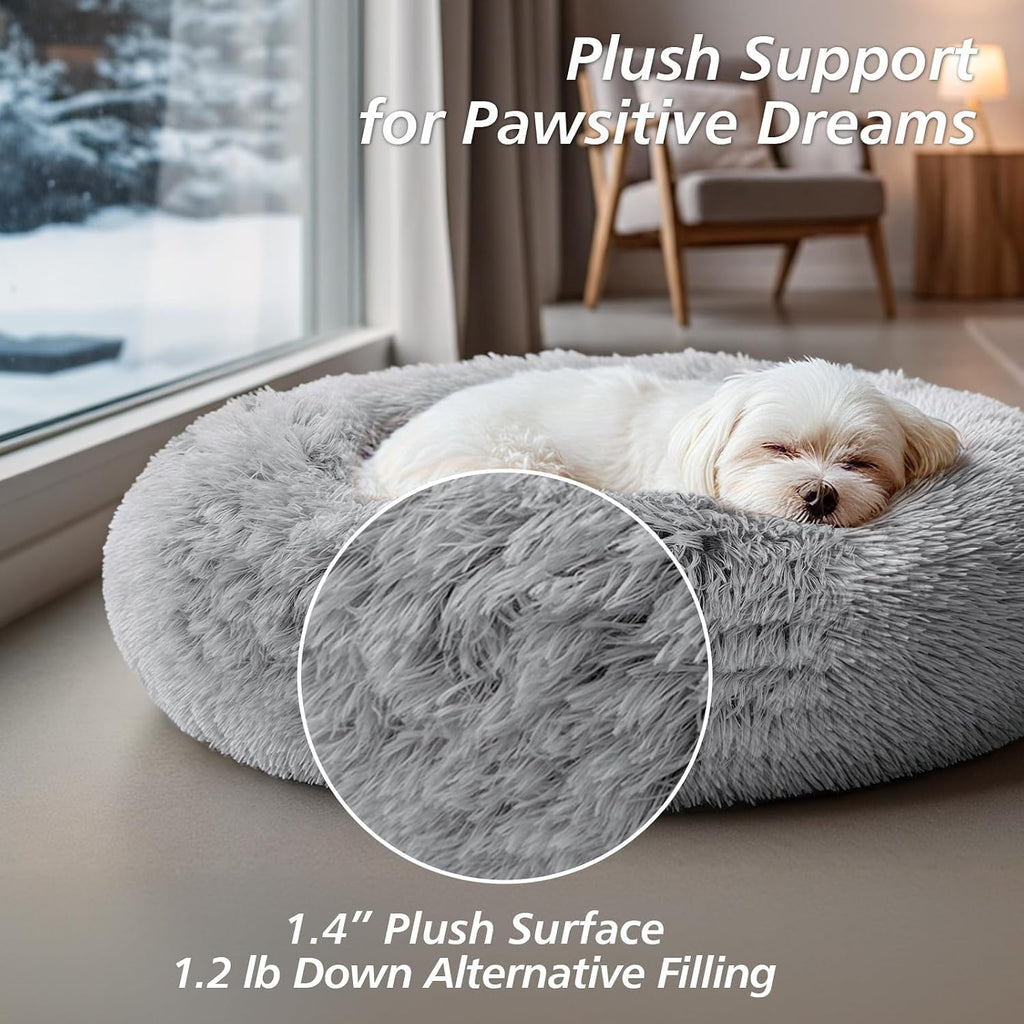 Calming Dog Bed Medium Size Dog, Anti-Anxiety Donut Medium Pet Bed, 27 Inches Fluffy Faux Fur round Cat Bed (Smoke Grey)