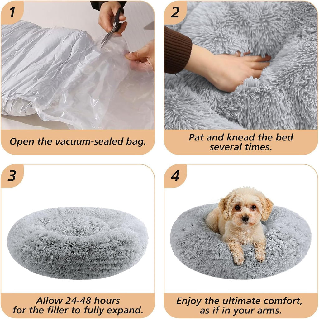Calming Dog Bed Medium Size Dog, Anti-Anxiety Donut Medium Pet Bed, 27 Inches Fluffy Faux Fur round Cat Bed (Smoke Grey)