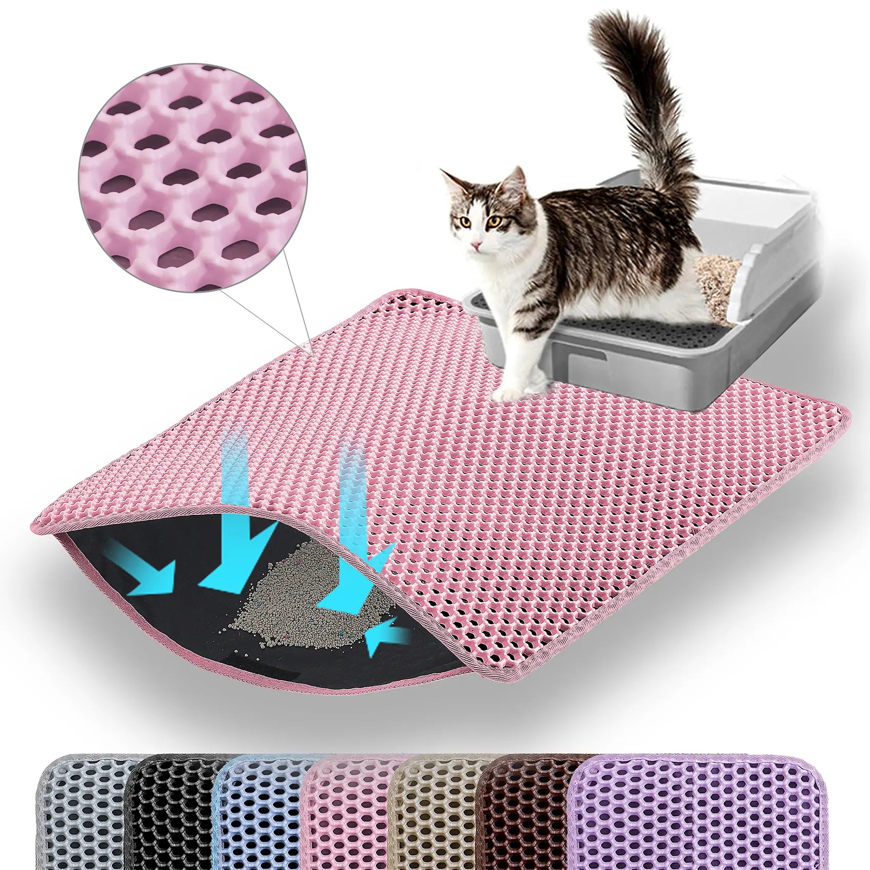 Petinstinct Cat Litter Mat, Double Layer Honeycomb Cat Litter Trapping Mat, Non Slip Waterproof Urine Proof Litter Box Mat, Scratch Resistant Durable Litter Rug