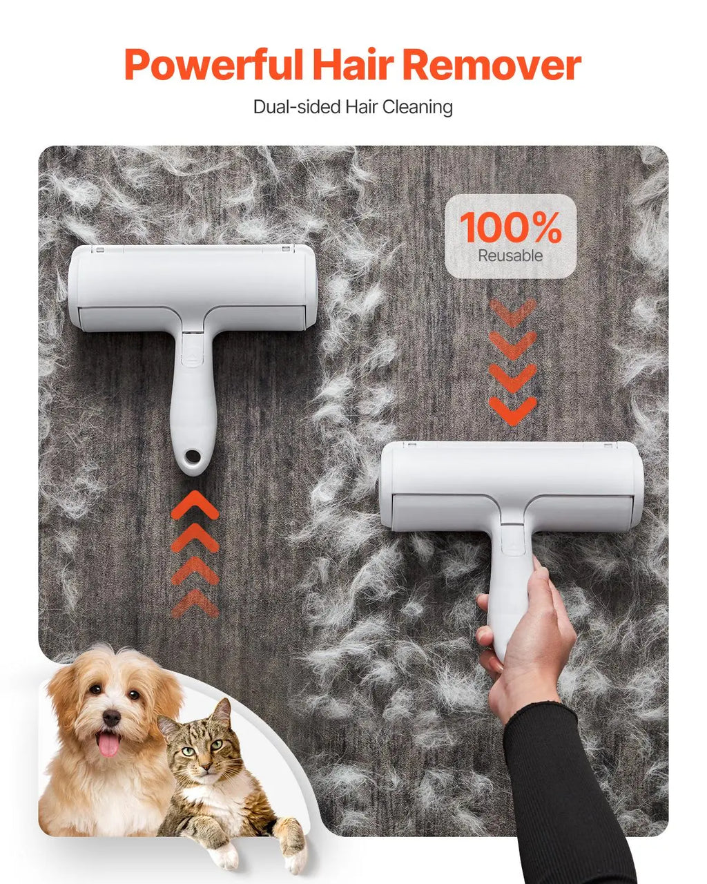 VEVOR Pet Hair Remover Roller Deshedding Tool, Reusable Dual-Sided Lint Tool for Dogs & Cats, Compact Lightweight 0.17Kg/0.38Lbs, Easy Cleanup for Home, Car