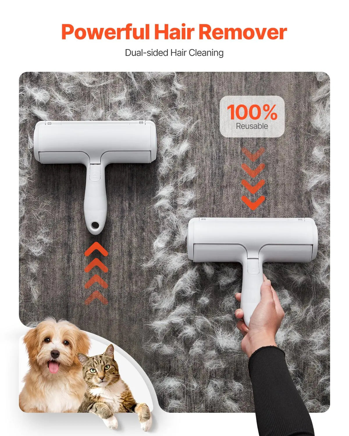 VEVOR Pet Hair Remover Roller Deshedding Tool, Reusable Dual-Sided Lint Tool for Dogs & Cats, Compact Lightweight 0.17Kg/0.38Lbs, Easy Cleanup for Home, Car
