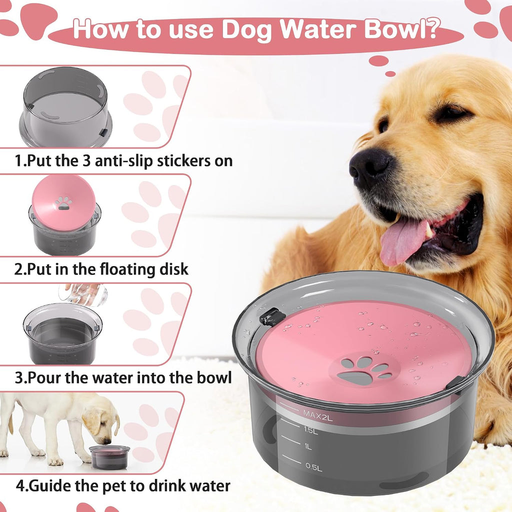 Large Capacity 2L Dog Water Bowl - Slow Feeder, Splash Proof Pet Water Dispenser for Travel, Suitable for Dogs and Cats (Pink)