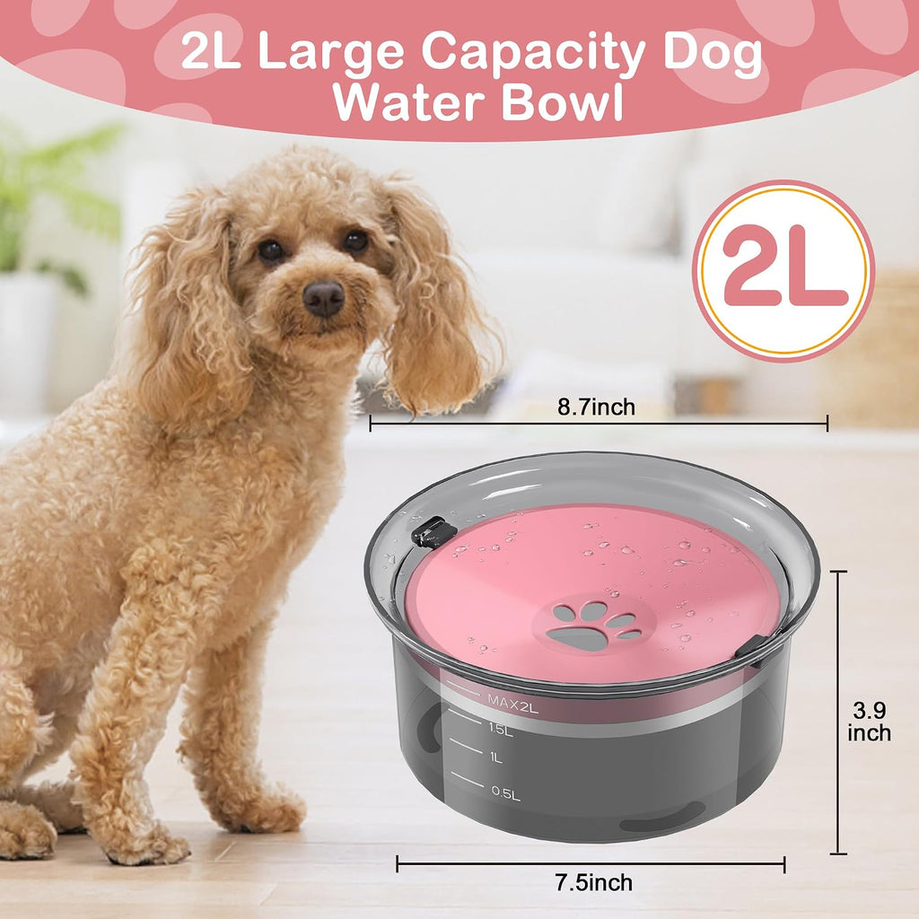 Large Capacity 2L Dog Water Bowl - Slow Feeder, Splash Proof Pet Water Dispenser for Travel, Suitable for Dogs and Cats (Pink)