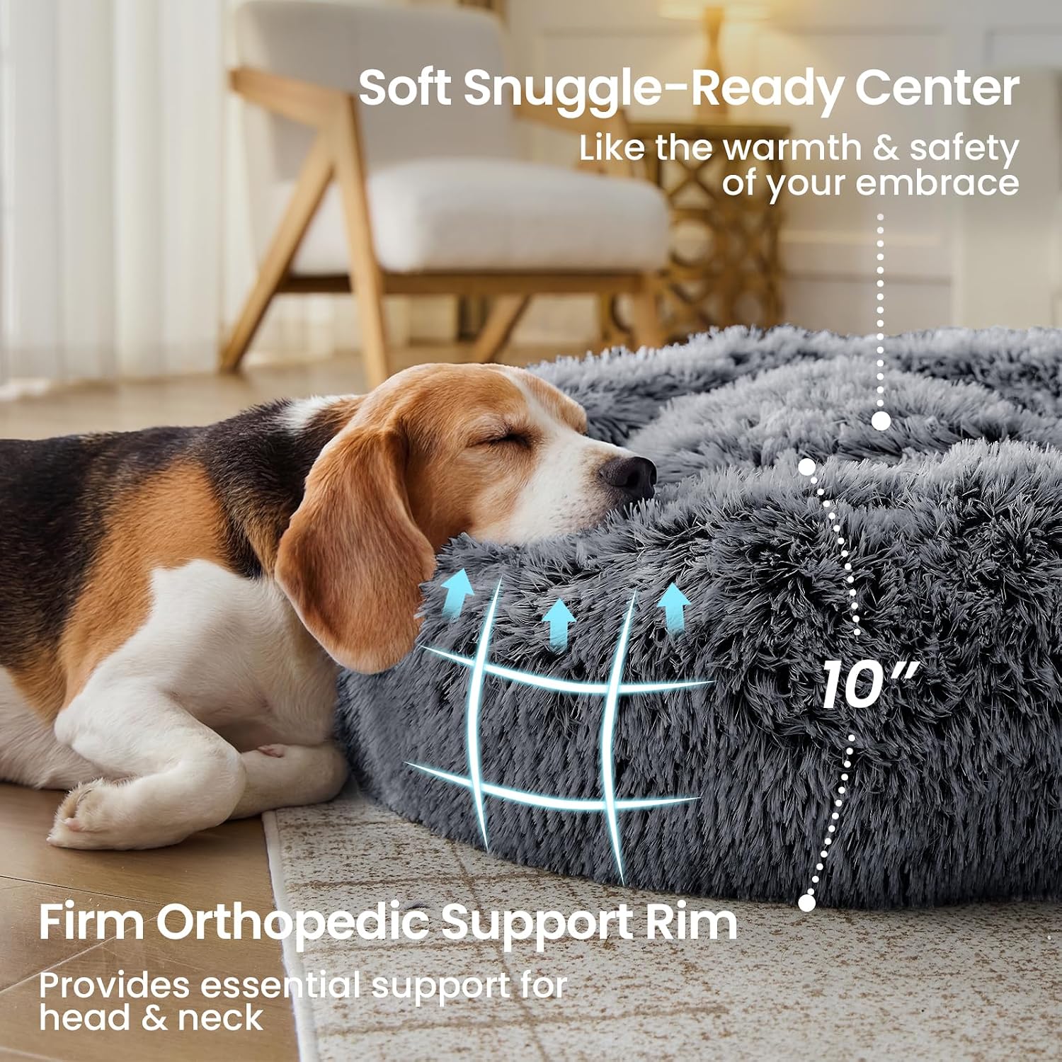 Calming Dog Beds Extra Large Sized Dog, 45In Donut Washable Large Pet Bed, Anti-Slip & Anti-Anxiety Fluffy Faux Fur round Dogs Bed, Fits up to 125 Lbs Pets (Smoke Black)