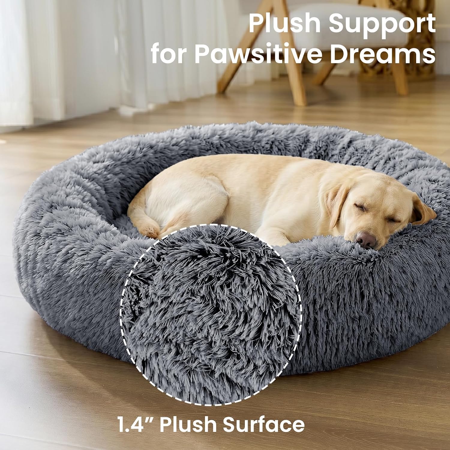 Calming Dog Beds Extra Large Sized Dog, 45In Donut Washable Large Pet Bed, Anti-Slip & Anti-Anxiety Fluffy Faux Fur round Dogs Bed, Fits up to 125 Lbs Pets (Smoke Black)