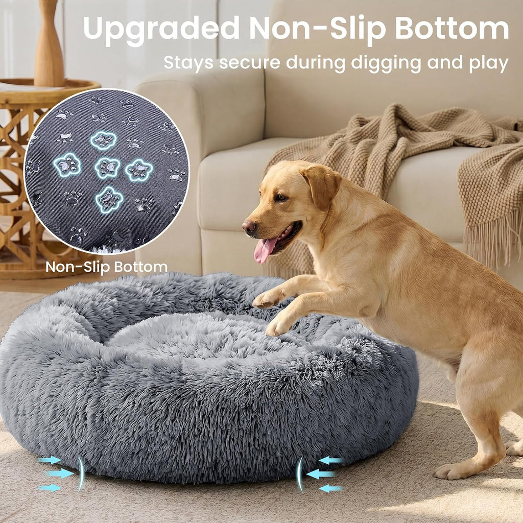 Calming Dog Beds Extra Large Sized Dog, 45In Donut Washable Large Pet Bed, Anti-Slip & Anti-Anxiety Fluffy Faux Fur round Dogs Bed, Fits up to 125 Lbs Pets (Smoke Black)