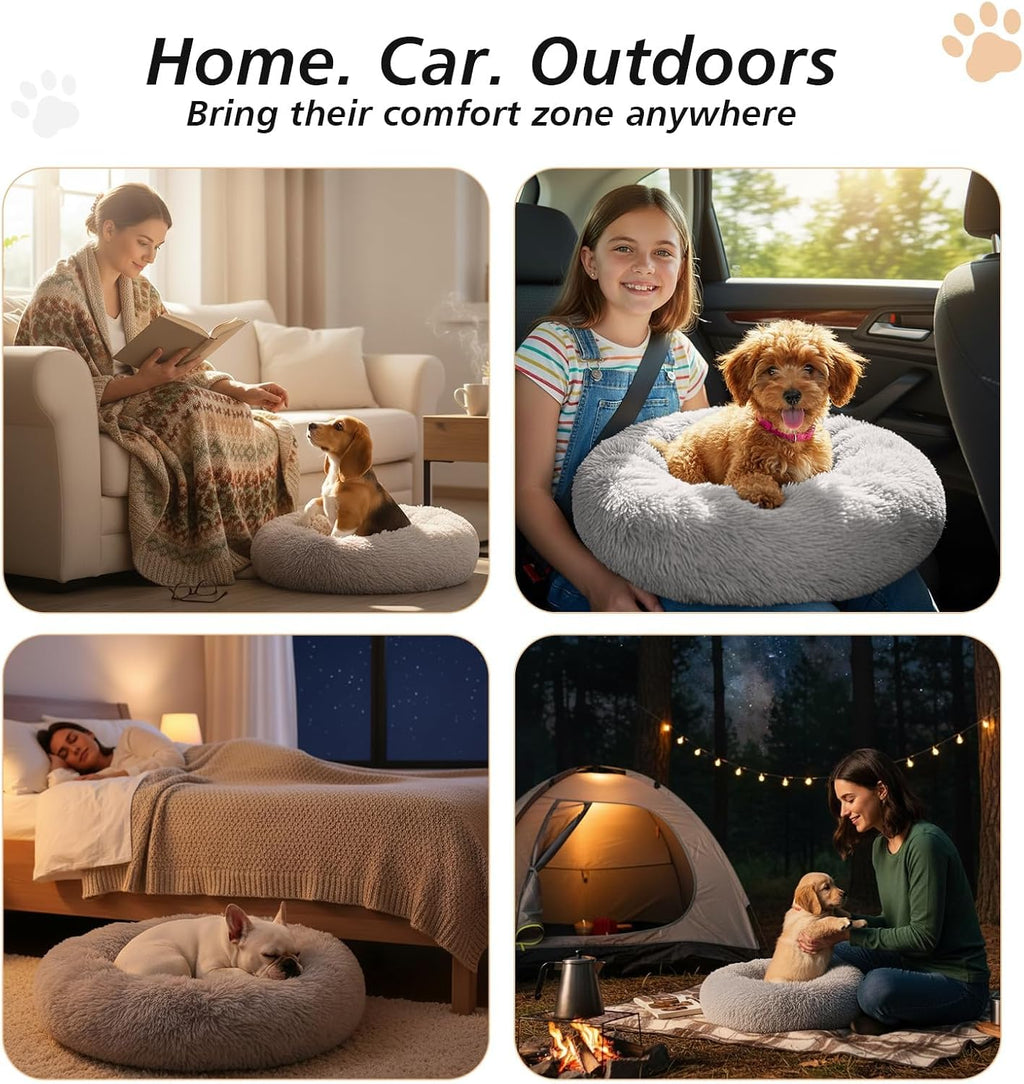 Calming Dog Bed Medium Size Dog, Anti-Anxiety Donut Medium Pet Bed, 27 Inches Fluffy Faux Fur round Cat Bed (Smoke Grey)