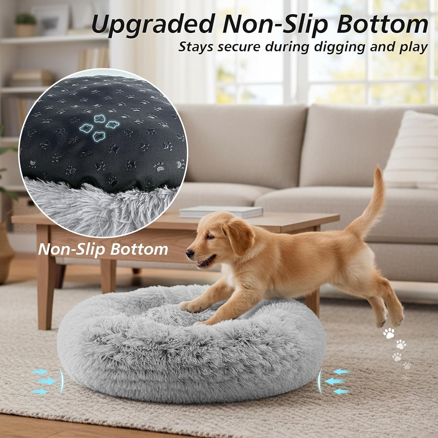Calming Dog Bed Medium Size Dog, Anti-Anxiety Donut Medium Pet Bed, 27 Inches Fluffy Faux Fur round Cat Bed (Smoke Grey)
