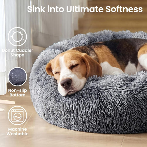 Calming Dog Beds Extra Large Sized Dog, 45In Donut Washable Large Pet Bed, Anti-Slip & Anti-Anxiety Fluffy Faux Fur round Dogs Bed, Fits up to 125 Lbs Pets (Smoke Black)