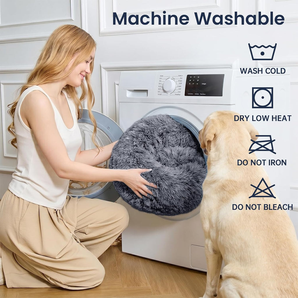 Calming Dog Beds Extra Large Sized Dog, 45In Donut Washable Large Pet Bed, Anti-Slip & Anti-Anxiety Fluffy Faux Fur round Dogs Bed, Fits up to 125 Lbs Pets (Smoke Black)