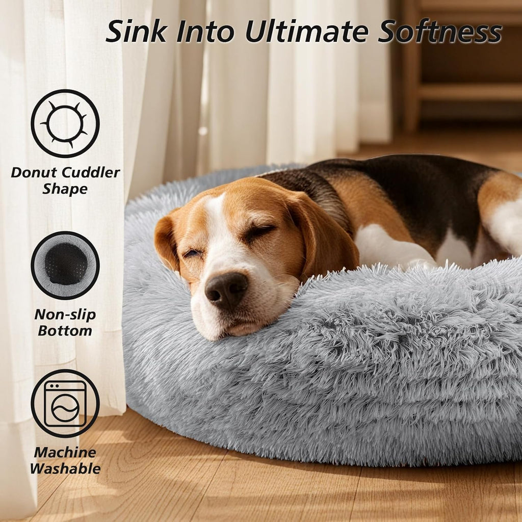 Calming Dog Bed Medium Size Dog, Anti-Anxiety Donut Medium Pet Bed, 27 Inches Fluffy Faux Fur round Cat Bed (Smoke Grey)