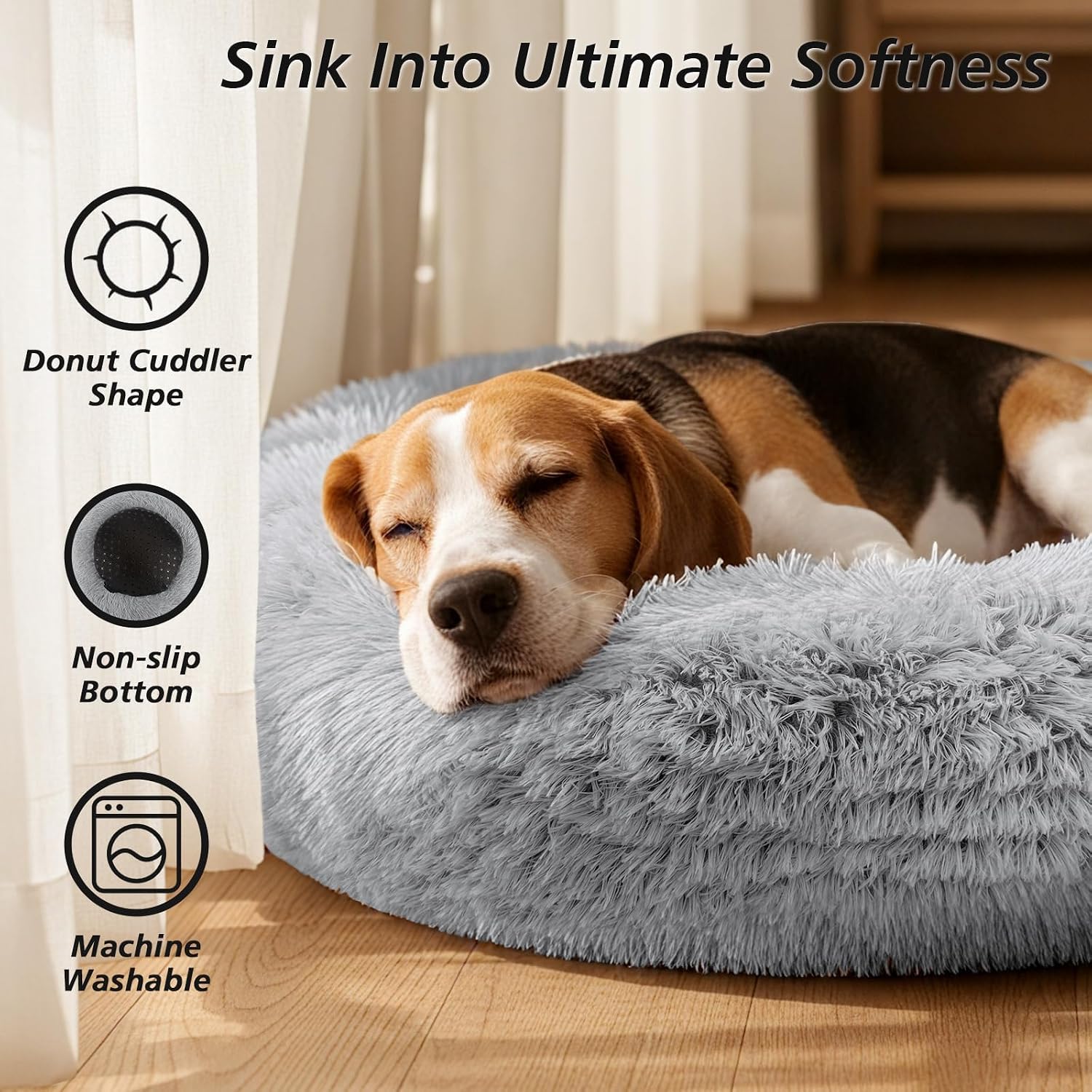Calming Dog Bed Medium Size Dog, Anti-Anxiety Donut Medium Pet Bed, 27 Inches Fluffy Faux Fur round Cat Bed (Smoke Grey)