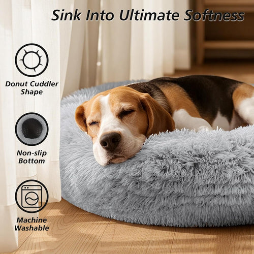 Calming Dog Bed Medium Size Dog, Anti-Anxiety Donut Medium Pet Bed, 27 Inches Fluffy Faux Fur round Cat Bed (Smoke Grey)