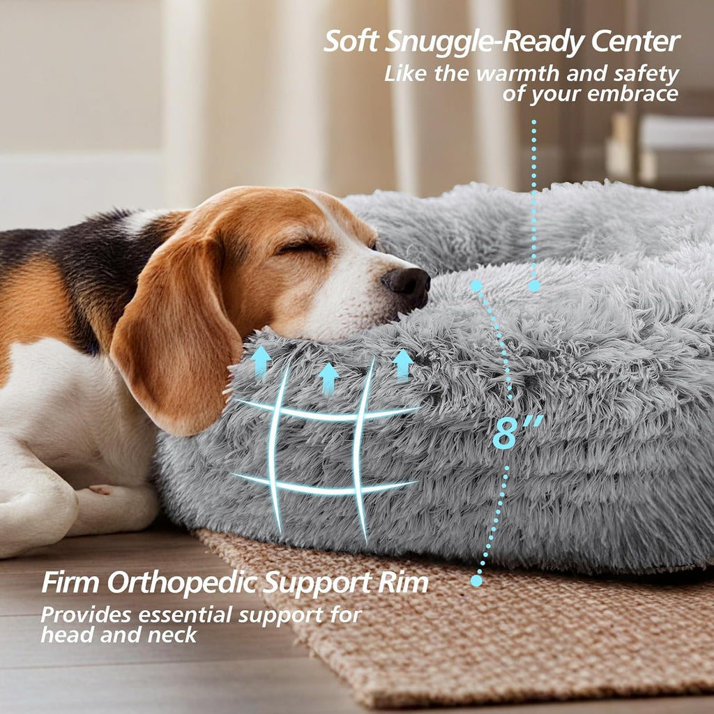 Calming Dog Bed Medium Size Dog, Anti-Anxiety Donut Medium Pet Bed, 27 Inches Fluffy Faux Fur round Cat Bed (Smoke Grey)