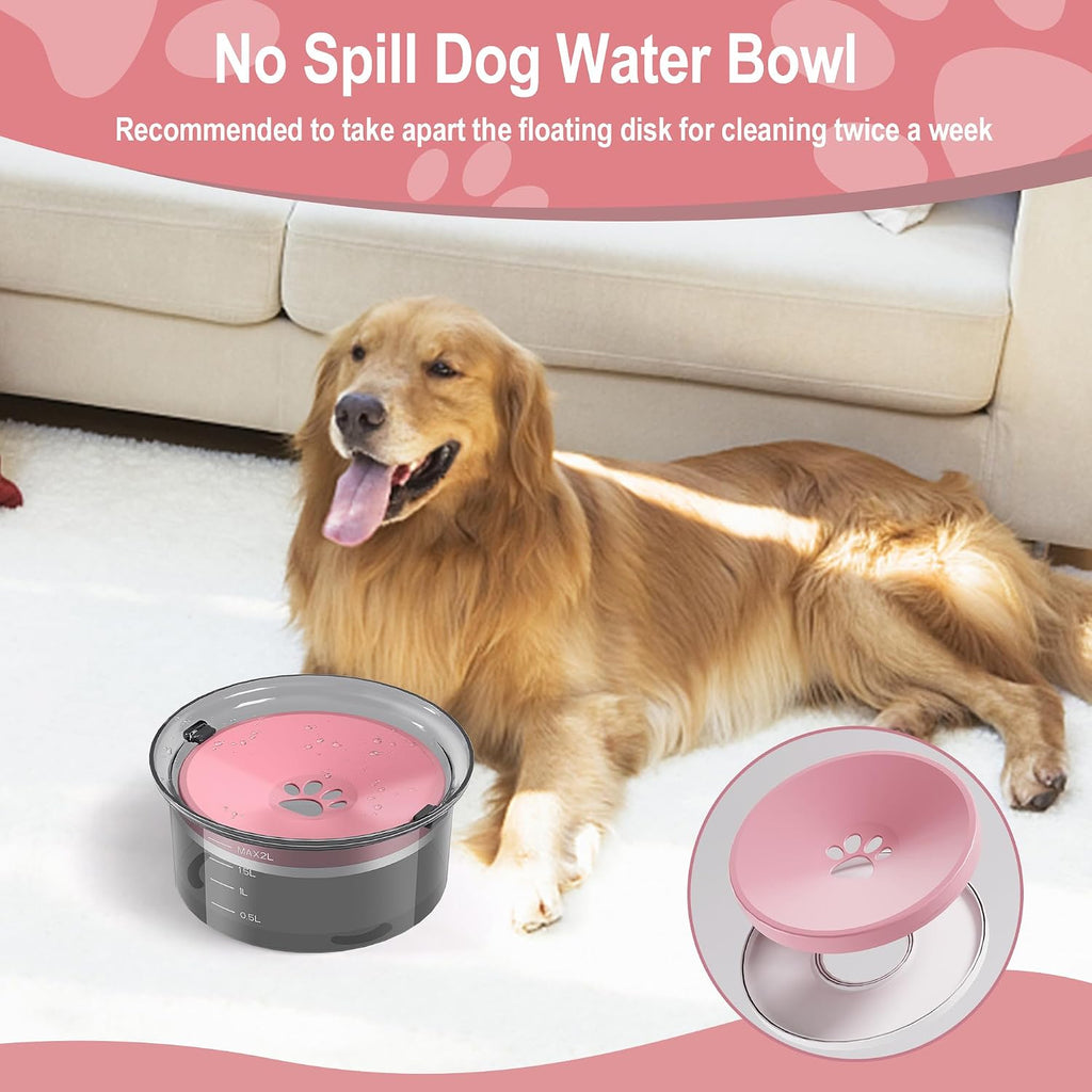 Large Capacity 2L Dog Water Bowl - Slow Feeder, Splash Proof Pet Water Dispenser for Travel, Suitable for Dogs and Cats (Pink)