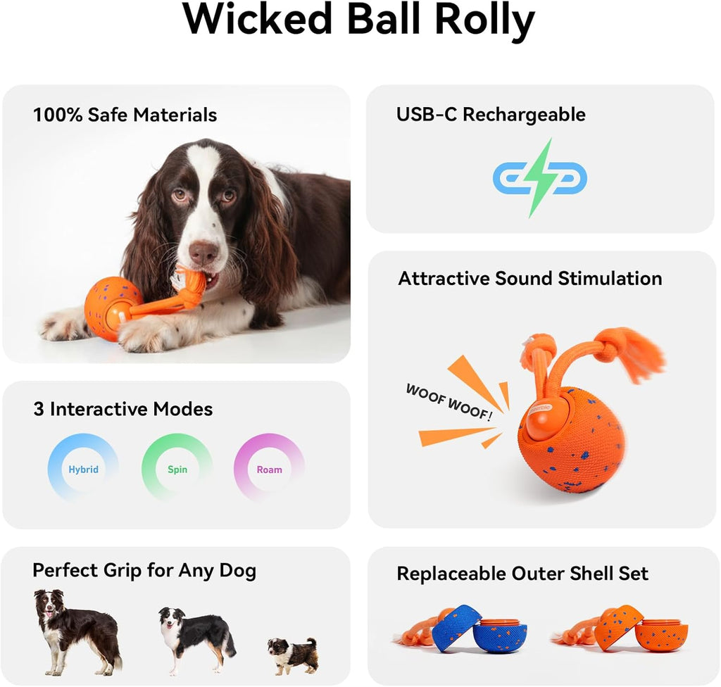 Smart Interactive Dog Toy, Wicked Ball Rolly, Automatic Moving, Bouncing, Rotating, E-TPU Material, with Rope & Barks Sound Active Rolling Interactive Dog Ball for Medium and Large Dogs