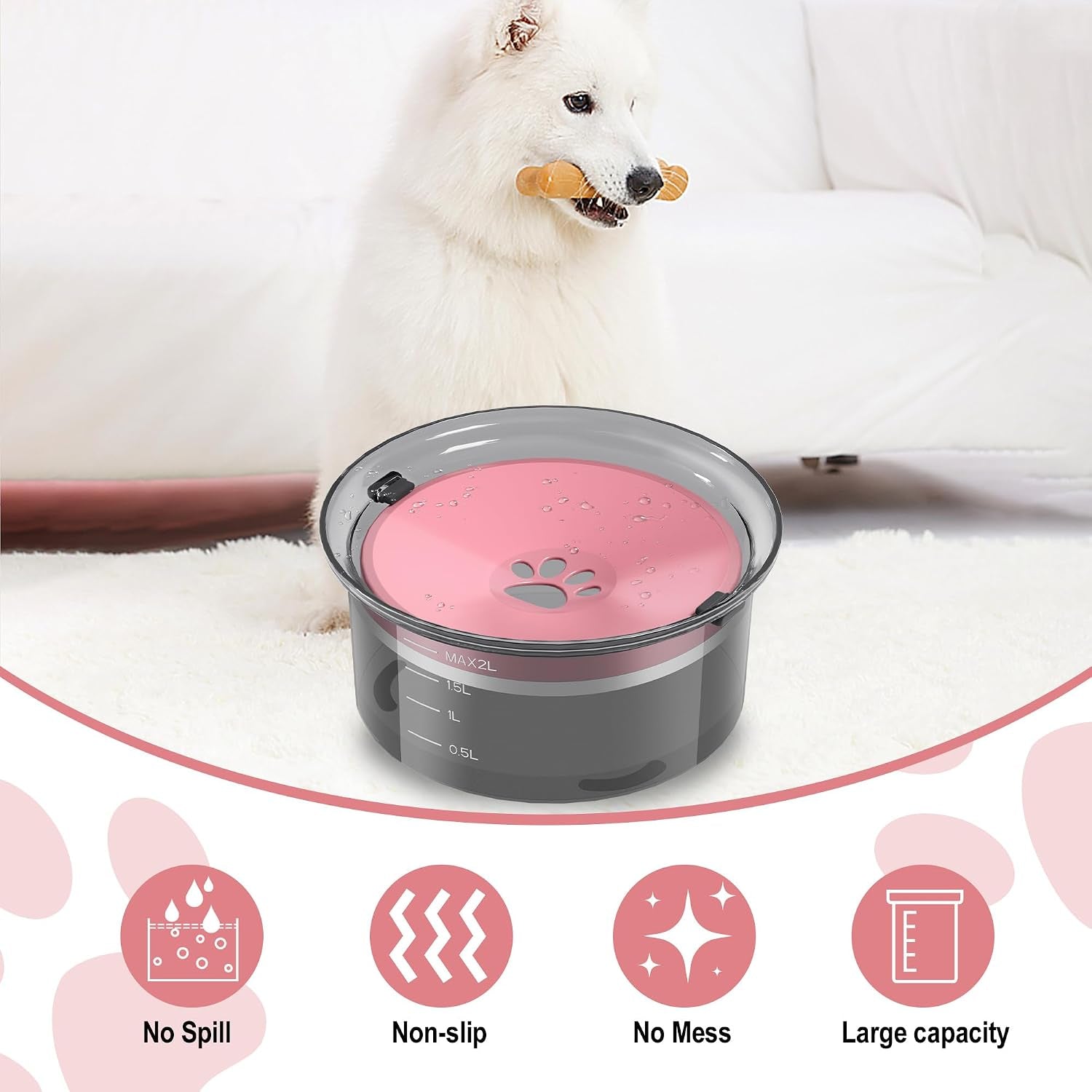 Large Capacity 2L Dog Water Bowl - Slow Feeder, Splash Proof Pet Water Dispenser for Travel, Suitable for Dogs and Cats (Pink)