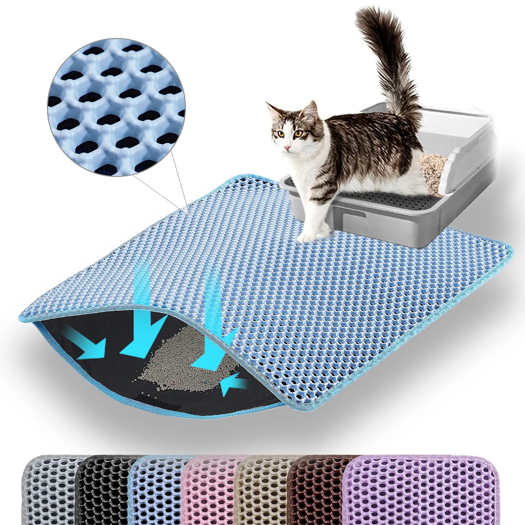 Petinstinct Cat Litter Mat, Double Layer Honeycomb Cat Litter Trapping Mat, Non Slip Waterproof Urine Proof Litter Box Mat, Scratch Resistant Durable Litter Rug