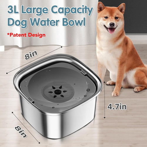 3L Stainless Steel Dog Water Bowl - 101Oz Spill-Proof Large Capacity Slow Feeder for Travel and Vehicle Use