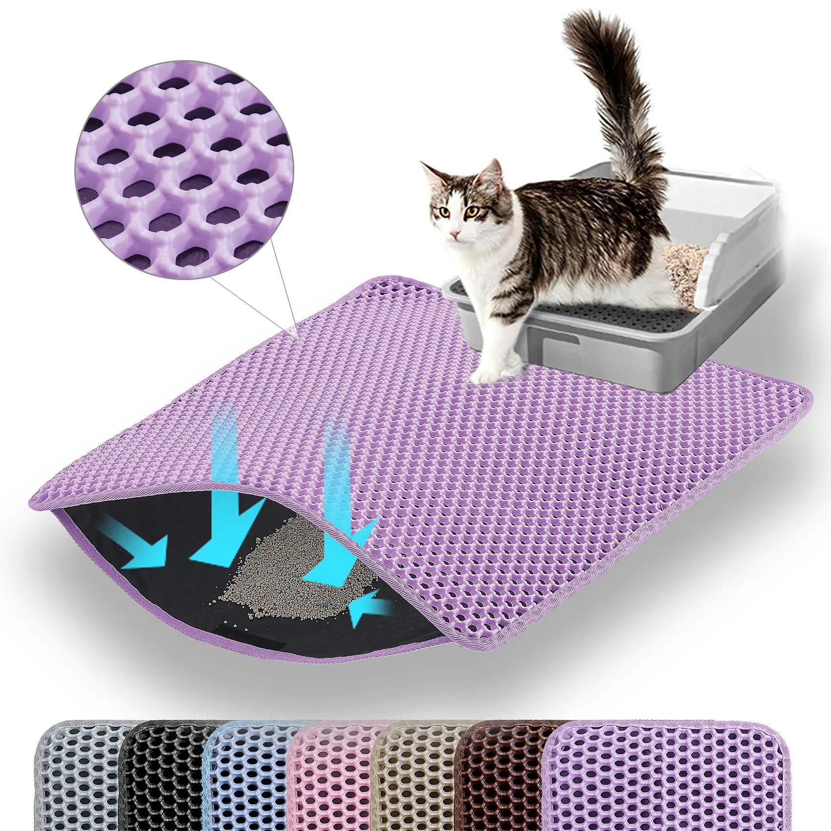 Petinstinct Cat Litter Mat, Double Layer Honeycomb Cat Litter Trapping Mat, Non Slip Waterproof Urine Proof Litter Box Mat, Scratch Resistant Durable Litter Rug