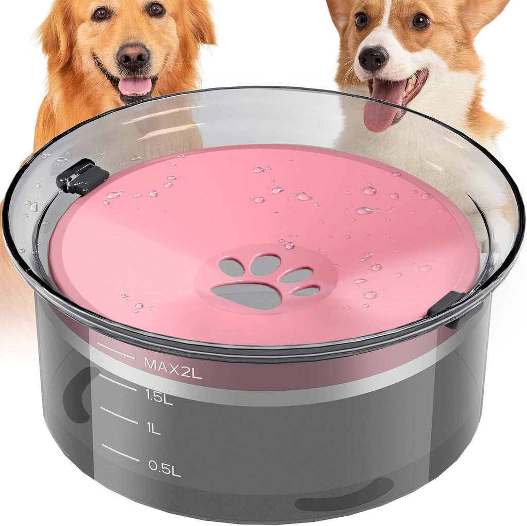 Large Capacity 2L Dog Water Bowl - Slow Feeder, Splash Proof Pet Water Dispenser for Travel, Suitable for Dogs and Cats (Pink)