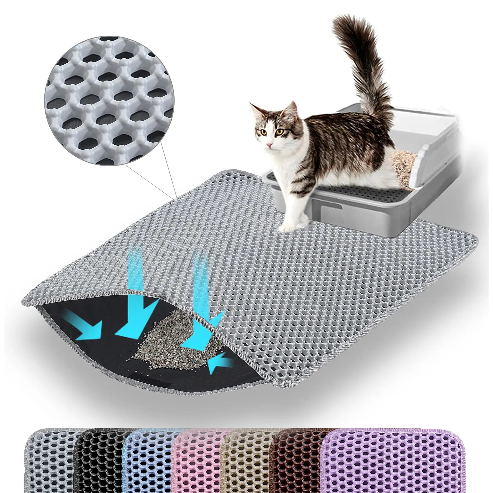Petinstinct Cat Litter Mat, Double Layer Honeycomb Cat Litter Trapping Mat, Non Slip Waterproof Urine Proof Litter Box Mat, Scratch Resistant Durable Litter Rug