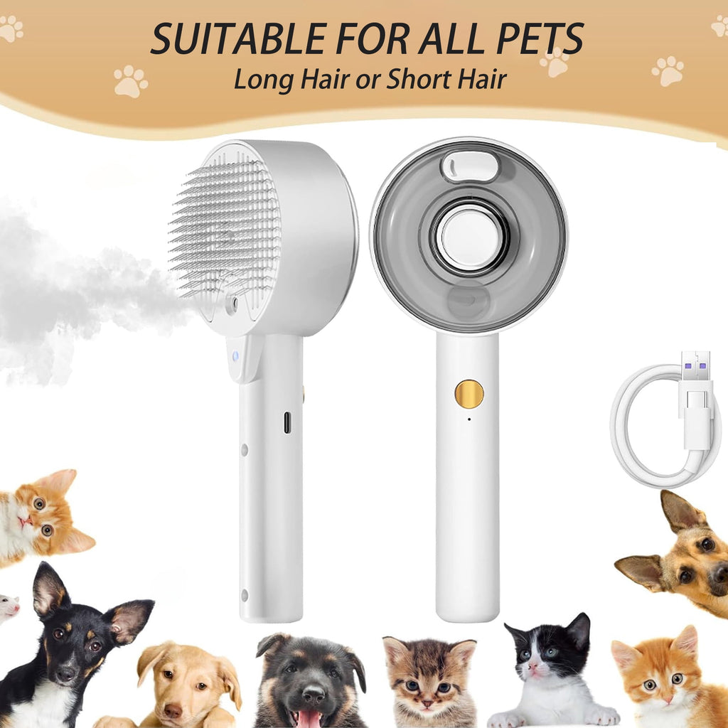 Cat Steam Brush 4-In-1 Pet Spray Comb for Indoor Cats, Rechargeable Steam Brush with Release Button for Long Short Hair Pet Clean Design Tool, White